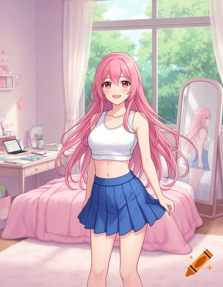 Anime-style illustration of a smiling woman with long pink hair in a white crop top and blue skirt, standing in a cozy pink bedroom with a mirror, desk, and window.