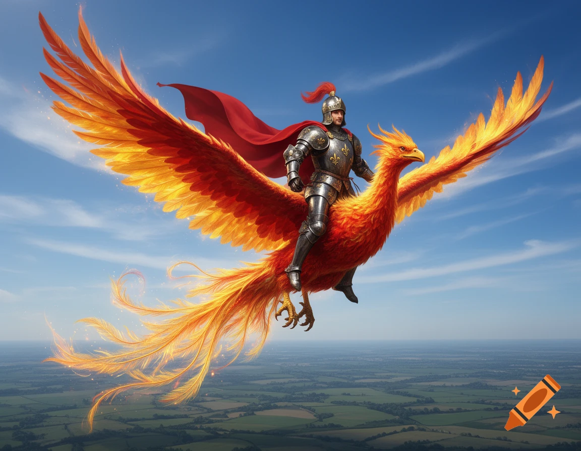 A knight in shining armor with a red cape rides a magnificent fiery phoenix through a clear blue sky above a vast green landscape.