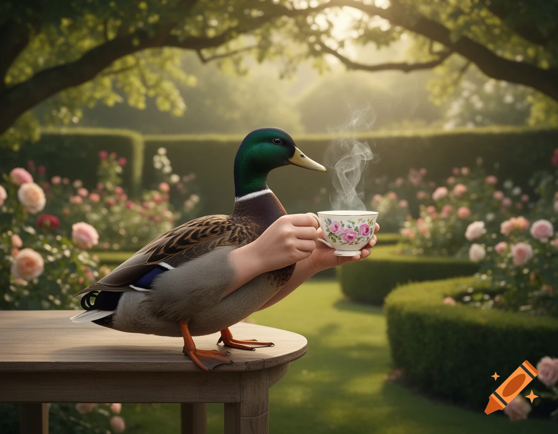 A mallard duck with human hands sips tea from a floral cup while standing on a table in a bright, rose-filled garden.