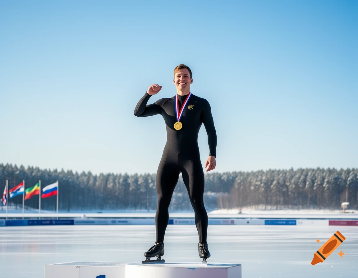 Smiling male speed skater in a black suit celebrates with a gold medal on a podium on an outdoor ice rink, flags in background.