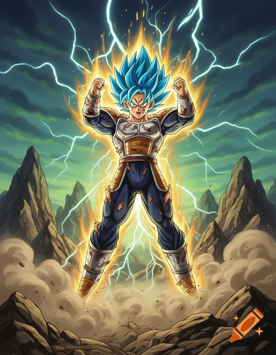 Anime character with blue spiky hair and battle armor powers up with yellow energy and blue lightning in a rocky landscape.