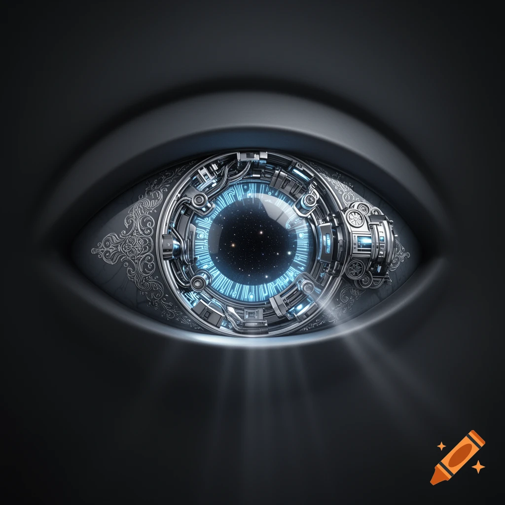 A detailed cybernetic eye with glowing blue circuits, mechanical parts, a starry pupil, and light rays against a dark background.