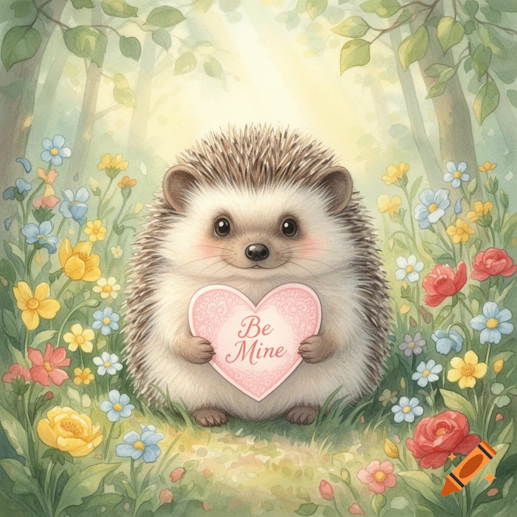 A cute watercolor hedgehog in a forest clearing holds a pink heart with 'Be Mine' text amidst colorful wildflowers.