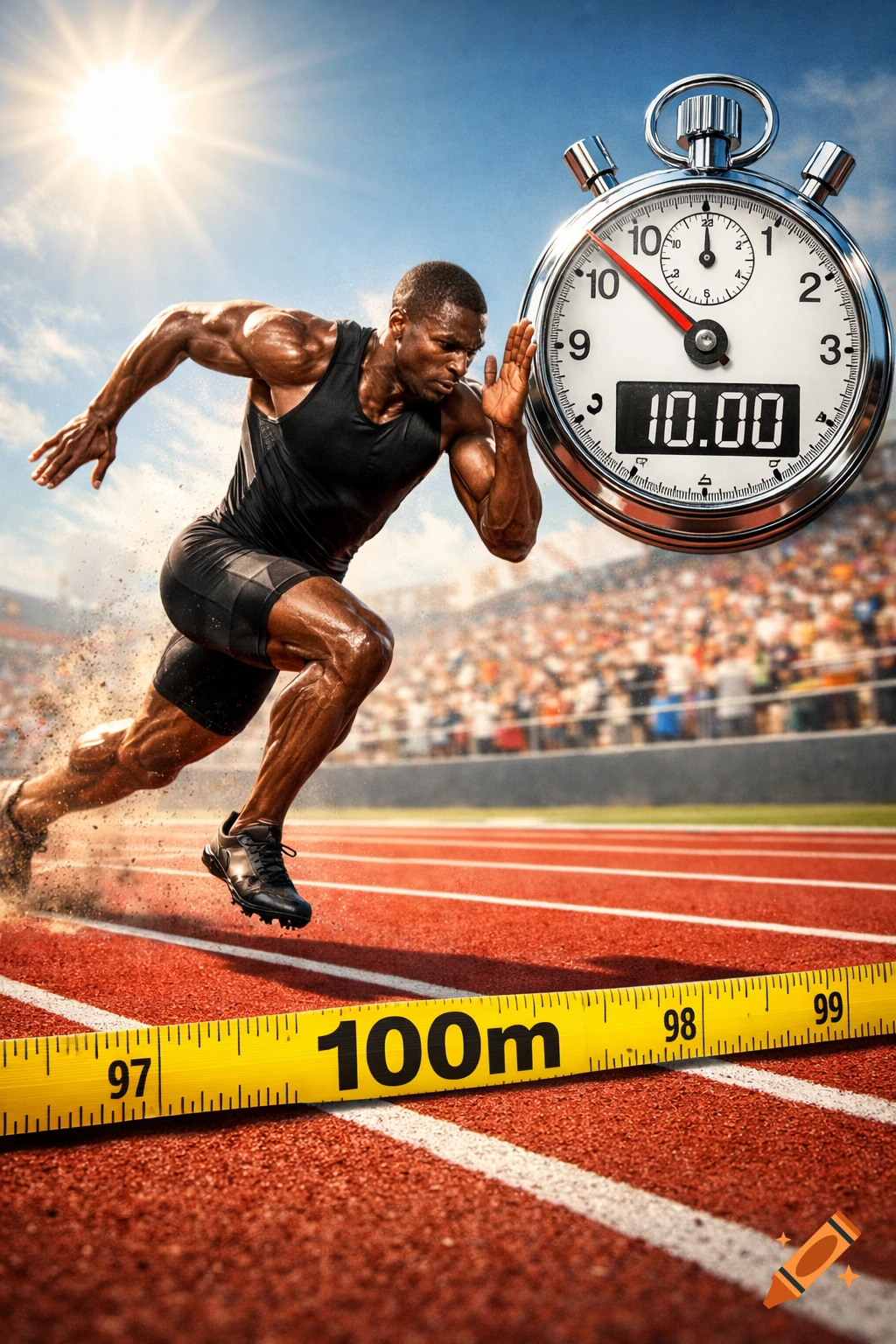Muscular male sprinter bursts from the starting line on a red track with a stopwatch showing 10.00 seconds and a 100m tape measure. Photorealistic style.