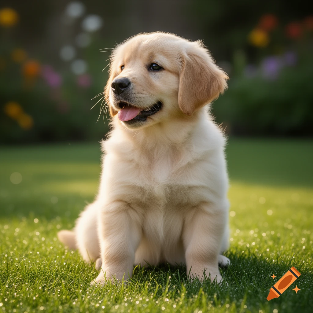 A golden retriever puppy with light fur sits in a sunny green garden, looking to the side with its tongue slightly out.