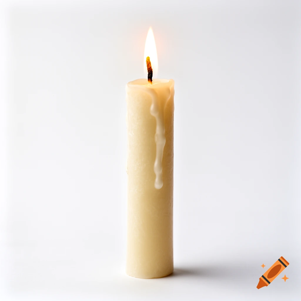 A lit, thick cream-colored pillar candle with melted wax dripping down its side, standing on a plain white background.