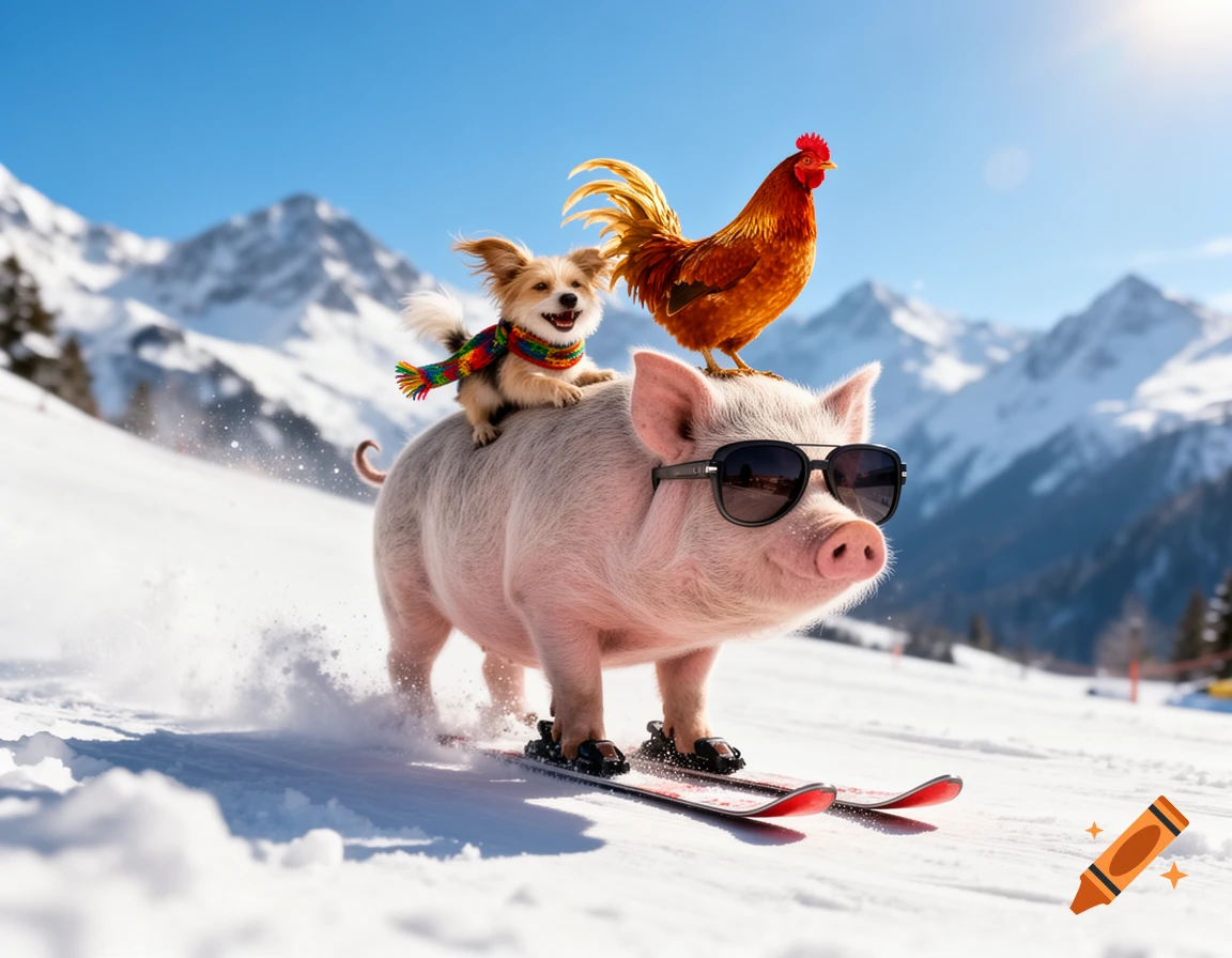 A cool pig wearing sunglasses skis down a snowy mountain with a small dog wearing a colorful scarf on its back and a chicken on its head.