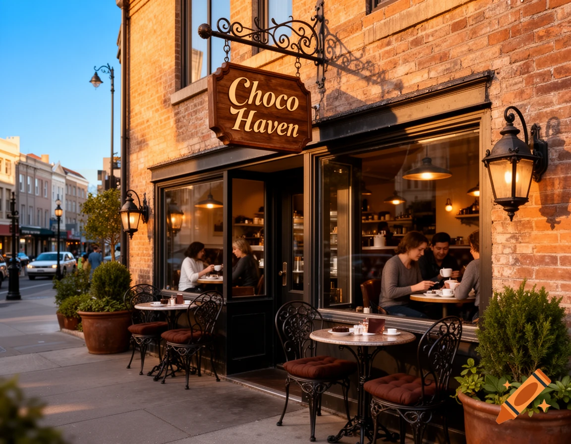 A photorealistic image of the 'Choco Haven' restaurant with people dining inside and outdoor seating on a bustling city street at dusk.
