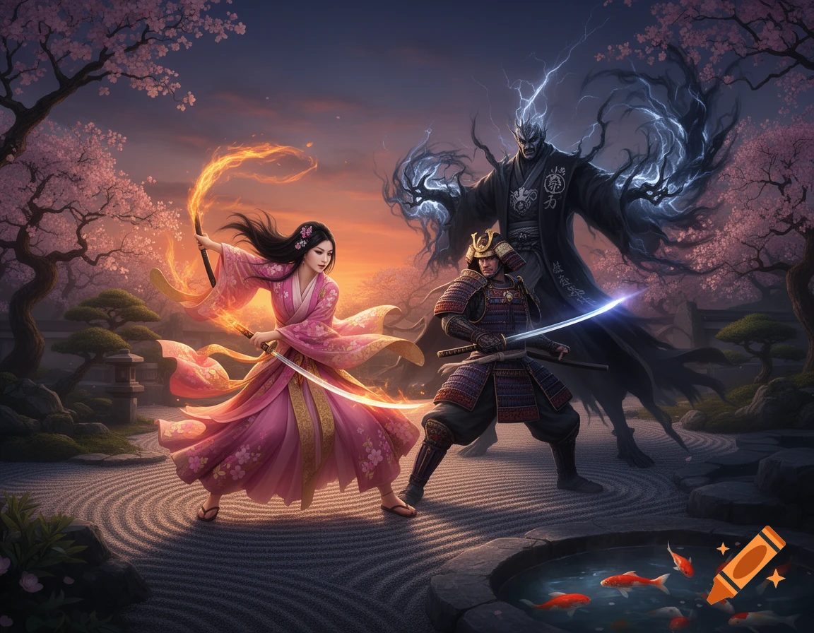A female warrior in a pink kimono with a fiery sword and a samurai fight a shadowy demon in a cherry blossom garden.