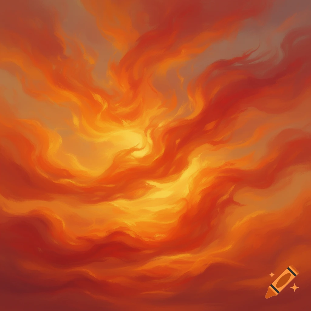Abstract painting with swirling warm colors of red, orange, and yellow ...