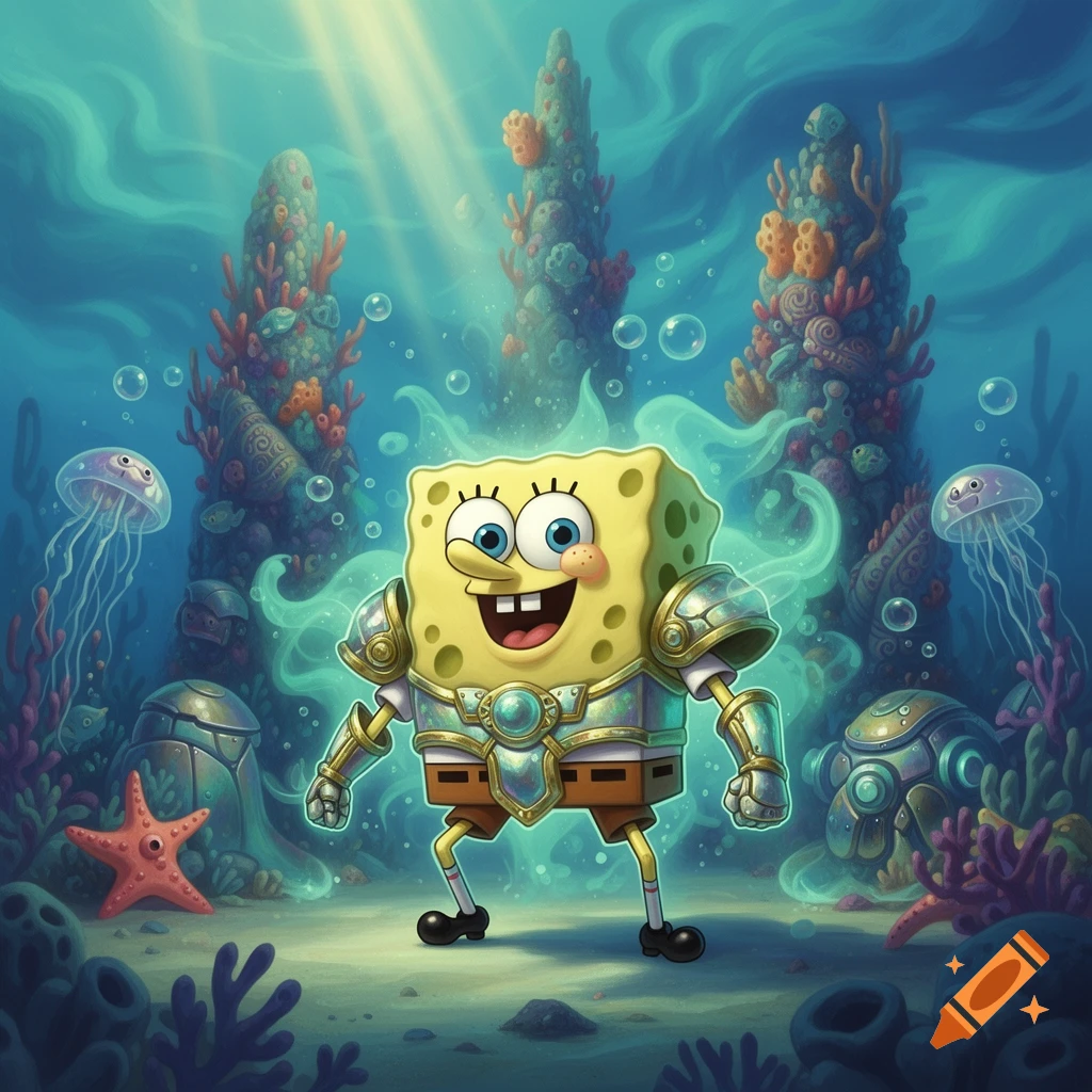 Spongebob Squarepants in golden and silver armor smiles underwater amidst a vibrant coral reef with jellyfish and a starfish.