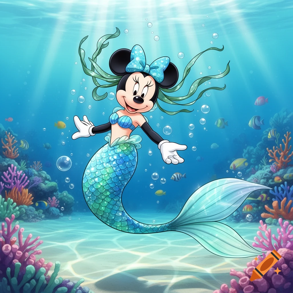 Minnie Mouse as a mermaid with a blue bow and teal tail, swimming among colorful coral and fish in a vibrant underwater scene.