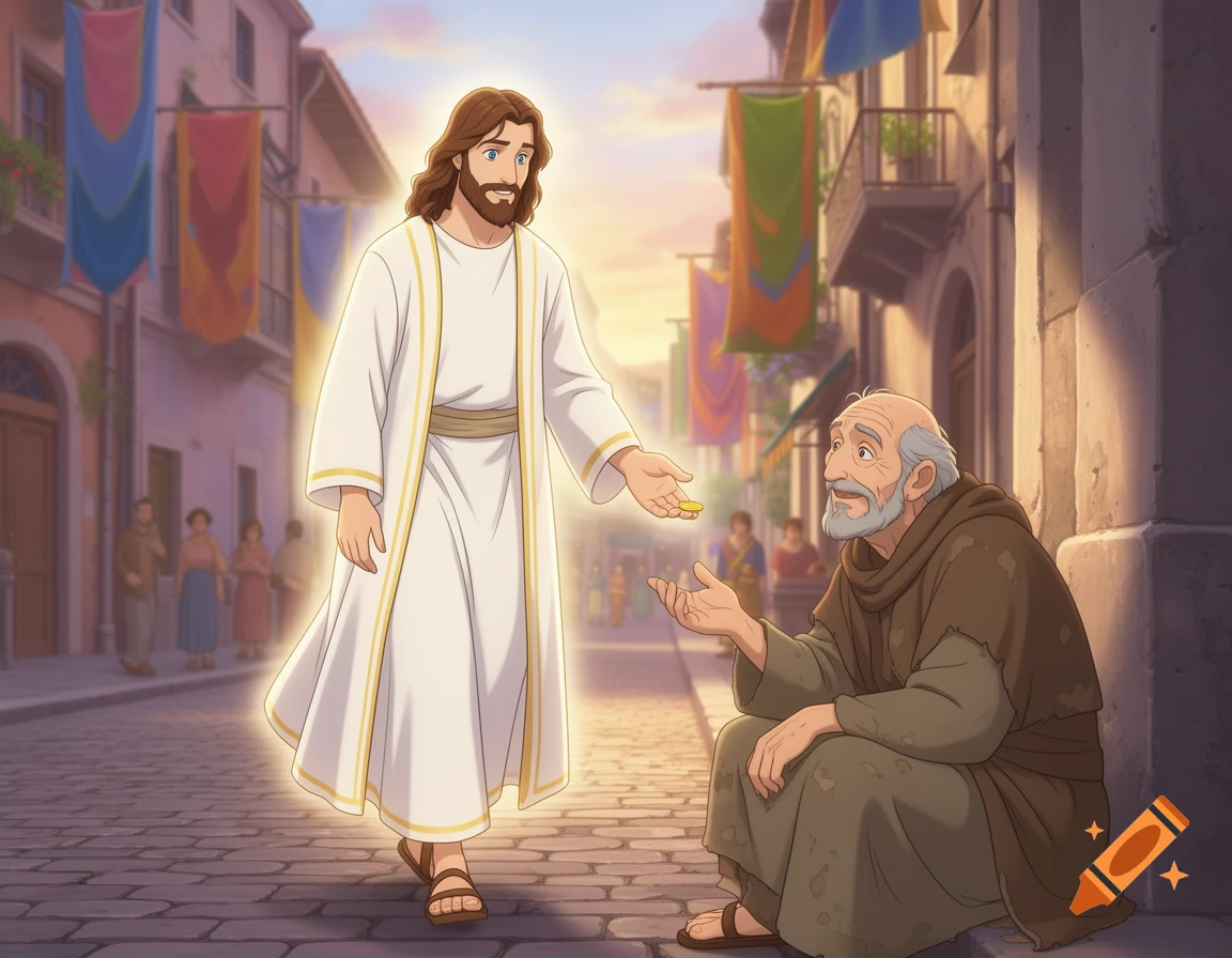 Jesus, glowing, gives a coin to an old beggar sitting on a cobbled street in a Pixar-style village.