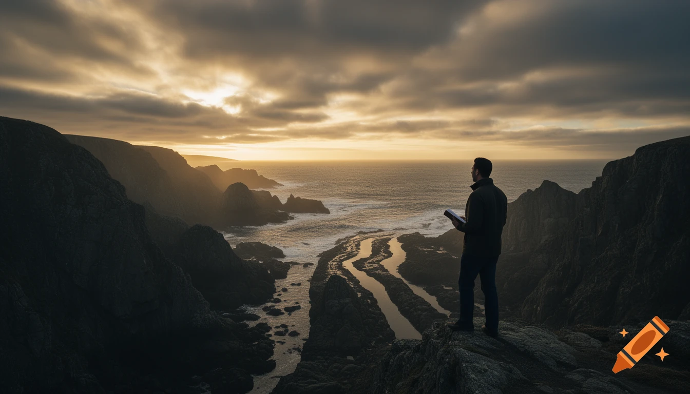 A lone figure stands on a rocky cliff overlooking a dramatic, jagged ...