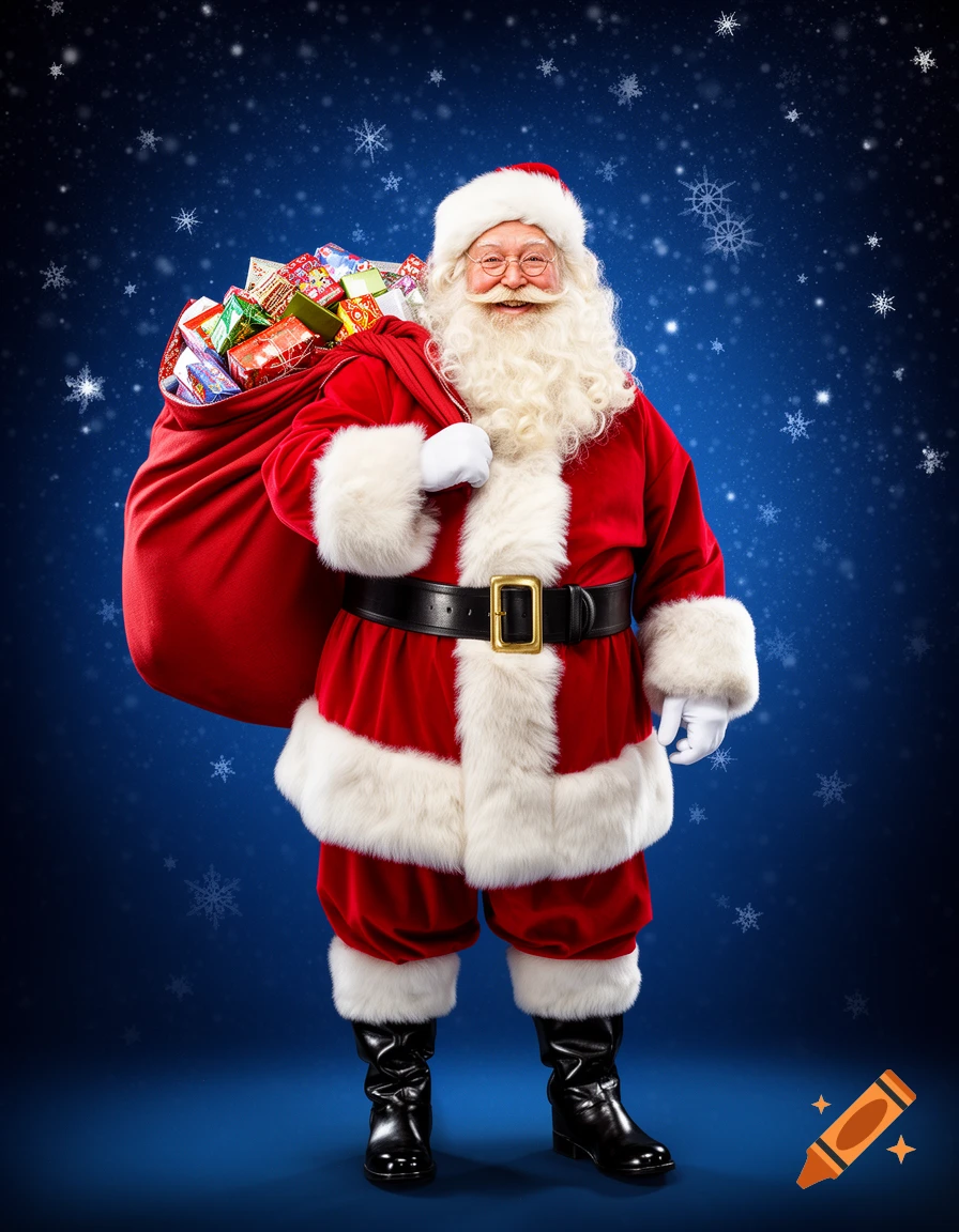 Photorealistic Santa Claus stands against a dark blue, snowy background, holding a red sack overflowing with presents over his shoulder.