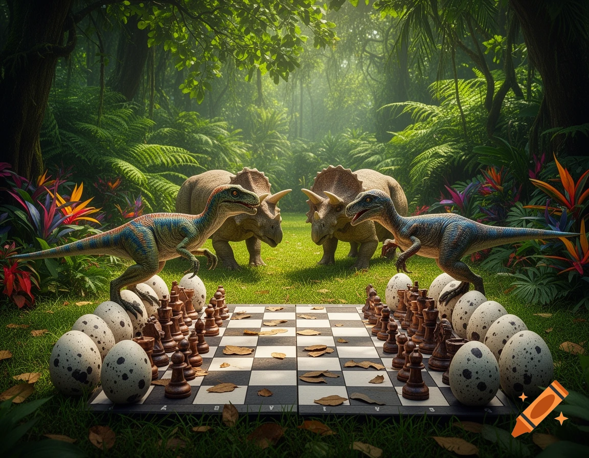 Two raptor-like dinosaurs stand on speckled eggs across a chessboard in a lush jungle, with two large horned dinosaurs in the background.