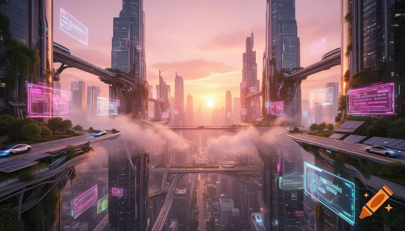 A vibrant futuristic cityscape at sunrise with towering skyscrapers ...