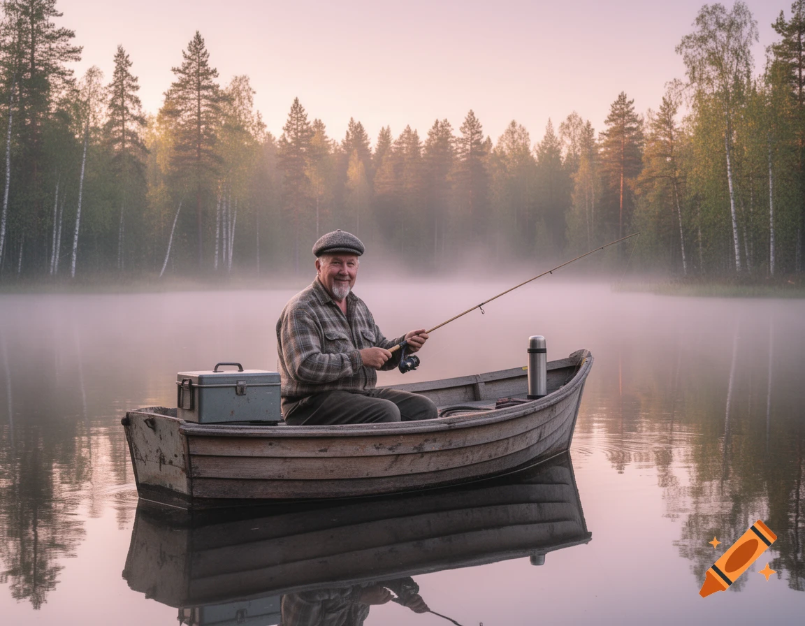 An elderly man in a boat fishes on a foggy lake with a forest in the background, bathed in soft light.