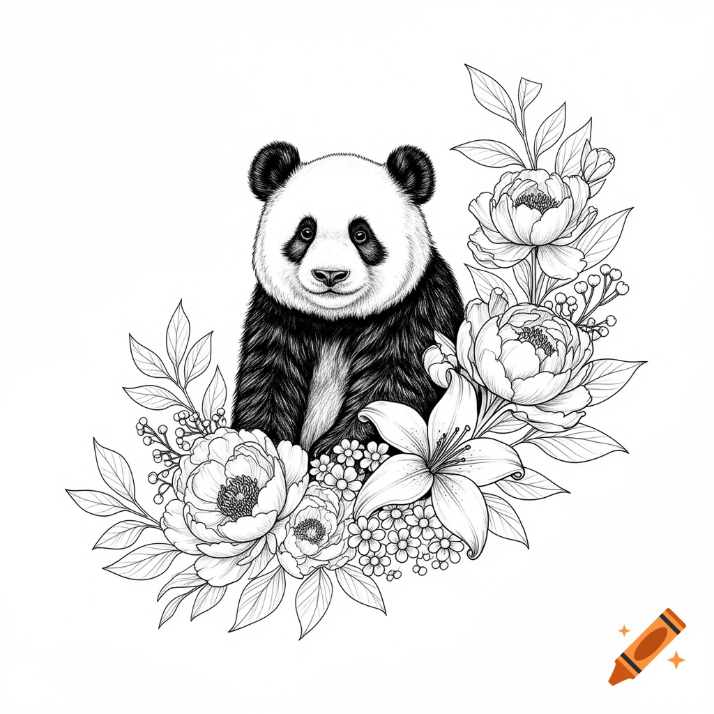 Black and white line art illustration of a cute panda surrounded by peonies, lilies, and wildflowers.