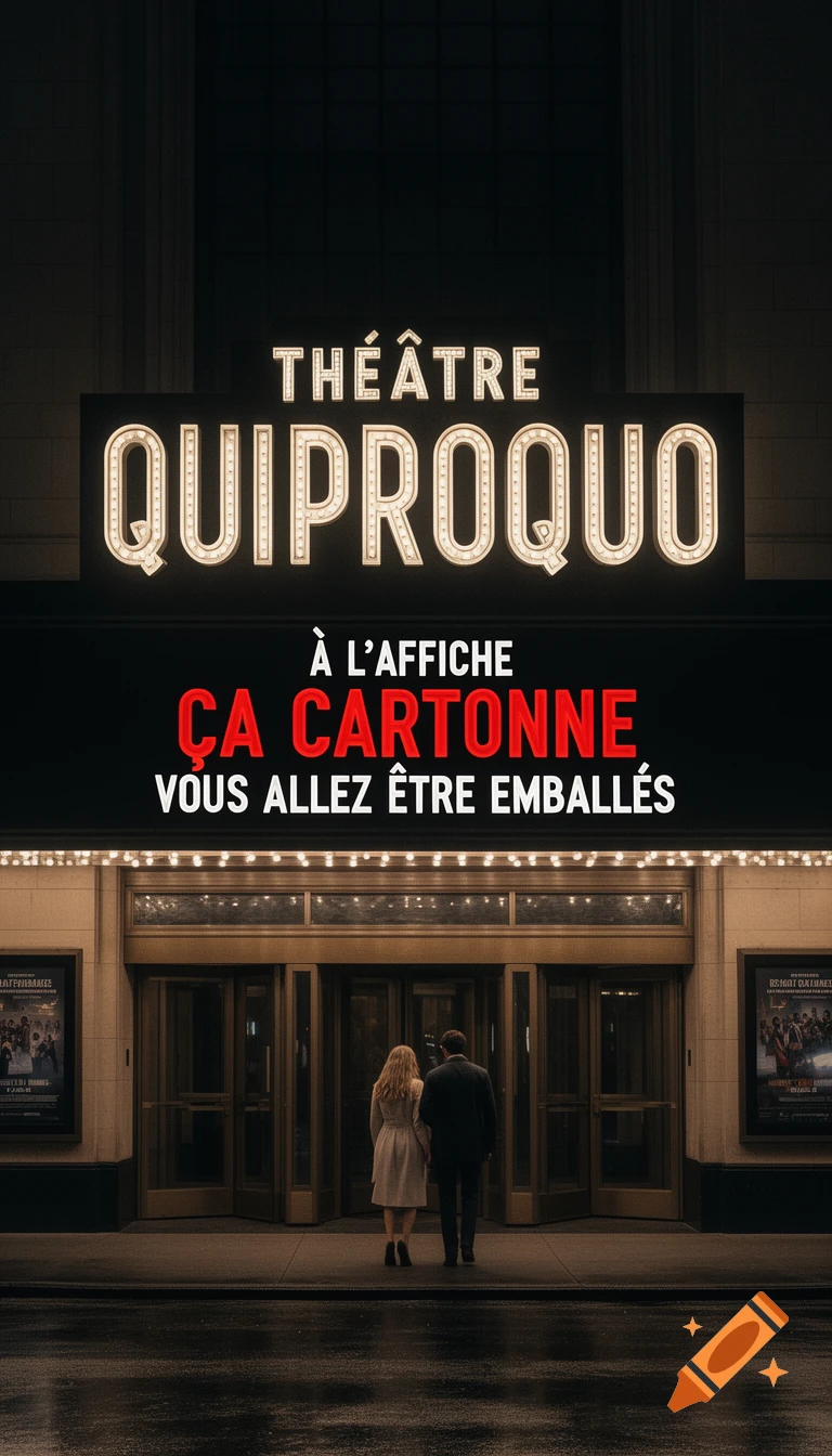 A couple stands in front of a grand theater at night, its marquee illuminated with "THÉÂTRE QUIPROQUO" and a play announcement.