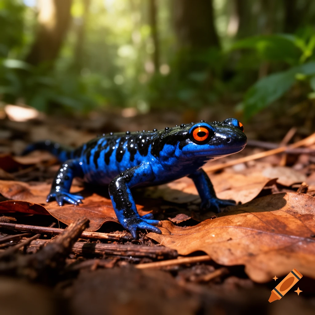 A vibrant blue and black salamander with bright orange eyes sits on a bed of brown leaves in a sun-dappled forest.