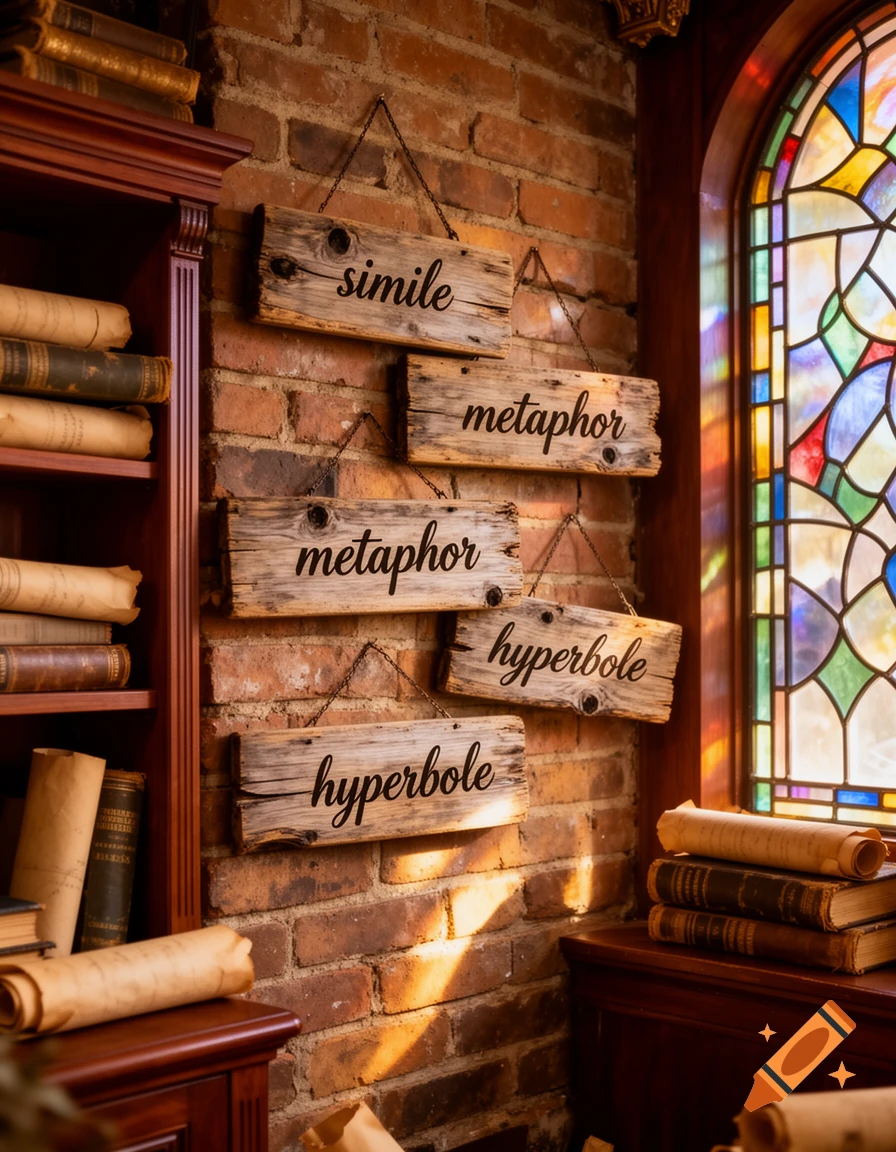 Wooden signs with 'simile,' 'metaphor,' and 'hyperbole' hang on a brick wall, next to old books and a stained glass window, in a cozy study.