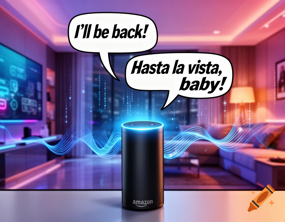 Amazon Echo smart speaker in a neon-lit futuristic room, with speech bubbles saying 'I'll be back!' and 'Hasta la vista, baby!'.