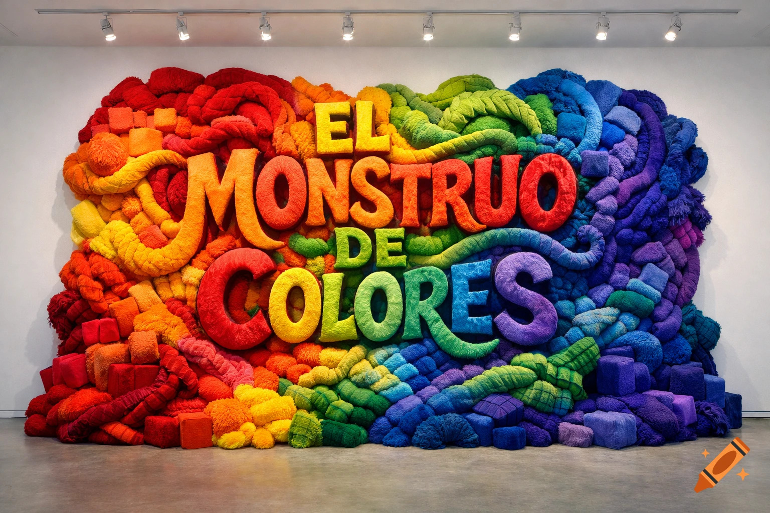 A large, colorful plush art installation on a white wall spelling 'EL MONSTRUO DE COLORES' in rainbow hues.