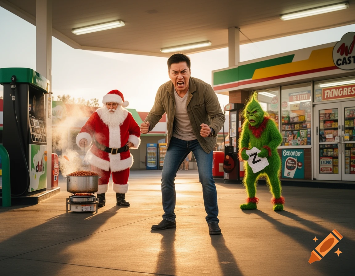 A man yells at a gas station as Santa Claus cooks beans on a stove, and the Grinch holds a 'Z' sign. Photorealistic.