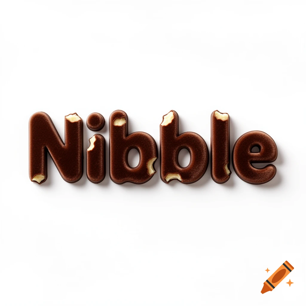 Chocolate letters spelling 'Nibble' with bite marks, on a white background.