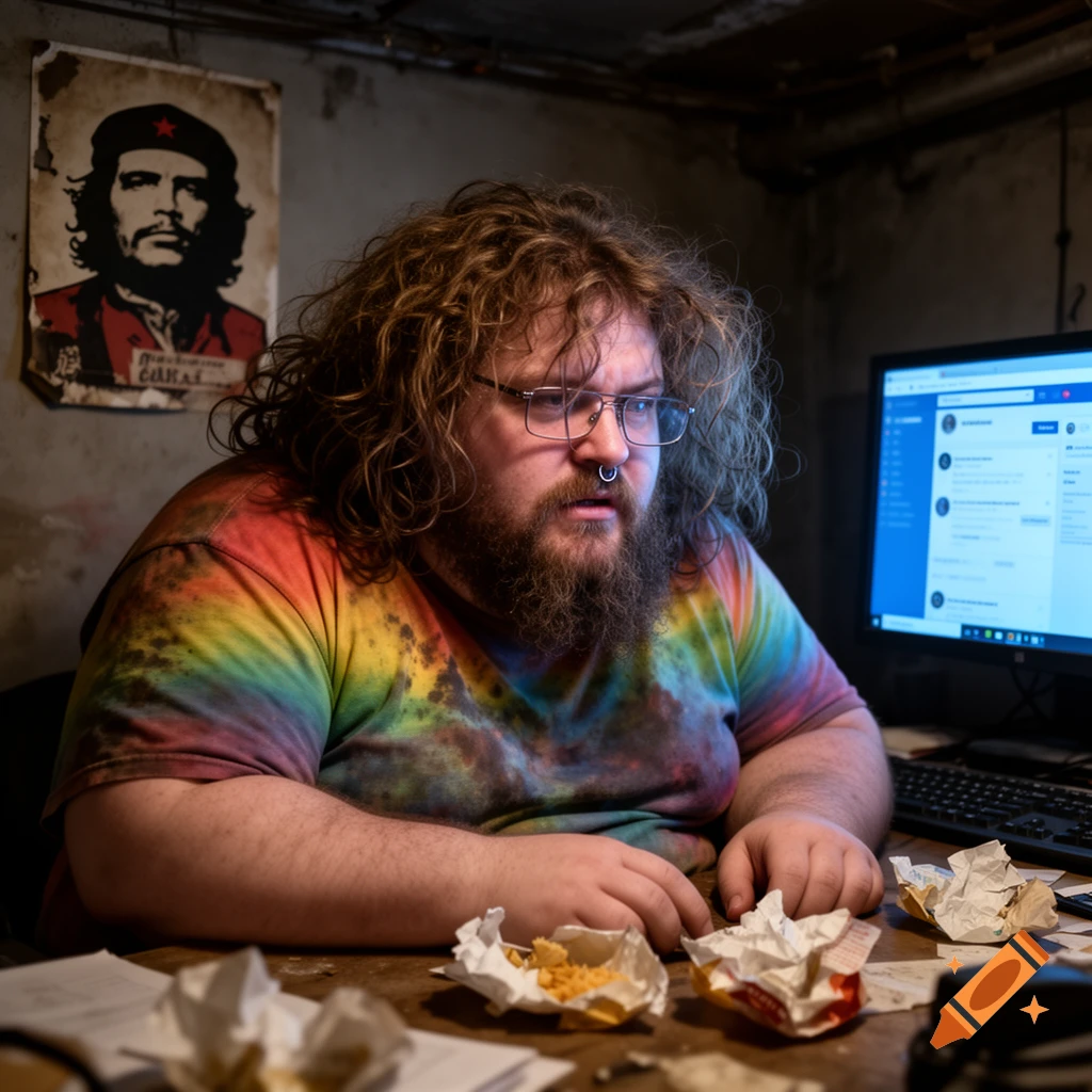 A disheveled man with wild hair, a beard, glasses, and a nose ring wears a tie-dye shirt, looking at a computer screen in a dank basement with a Che Guevara poster and food wrappers.