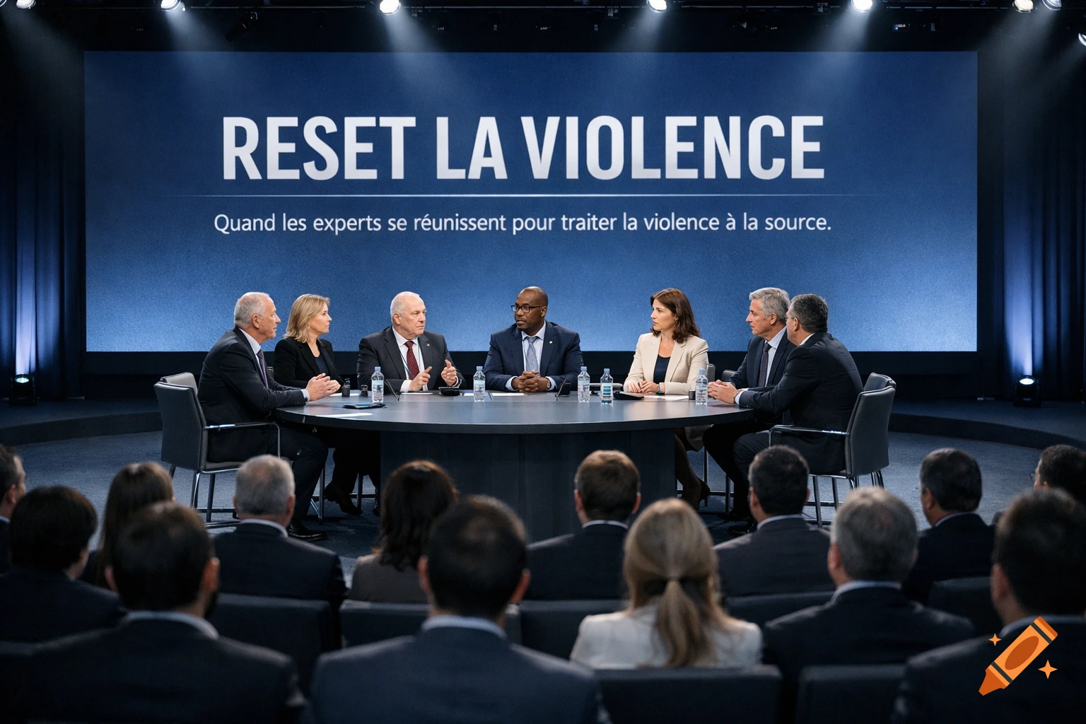 A panel of experts seated at a round table on a stage in front of a large screen displaying 'RESET LA VIOLENCE' and a slogan, with an audience in the foreground.