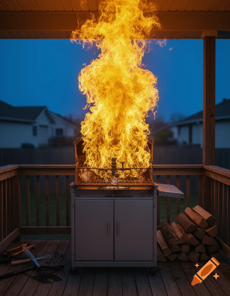 Photorealistic image of a BBQ grill on a wooden back porch at dusk, with large flames erupting from its interior.