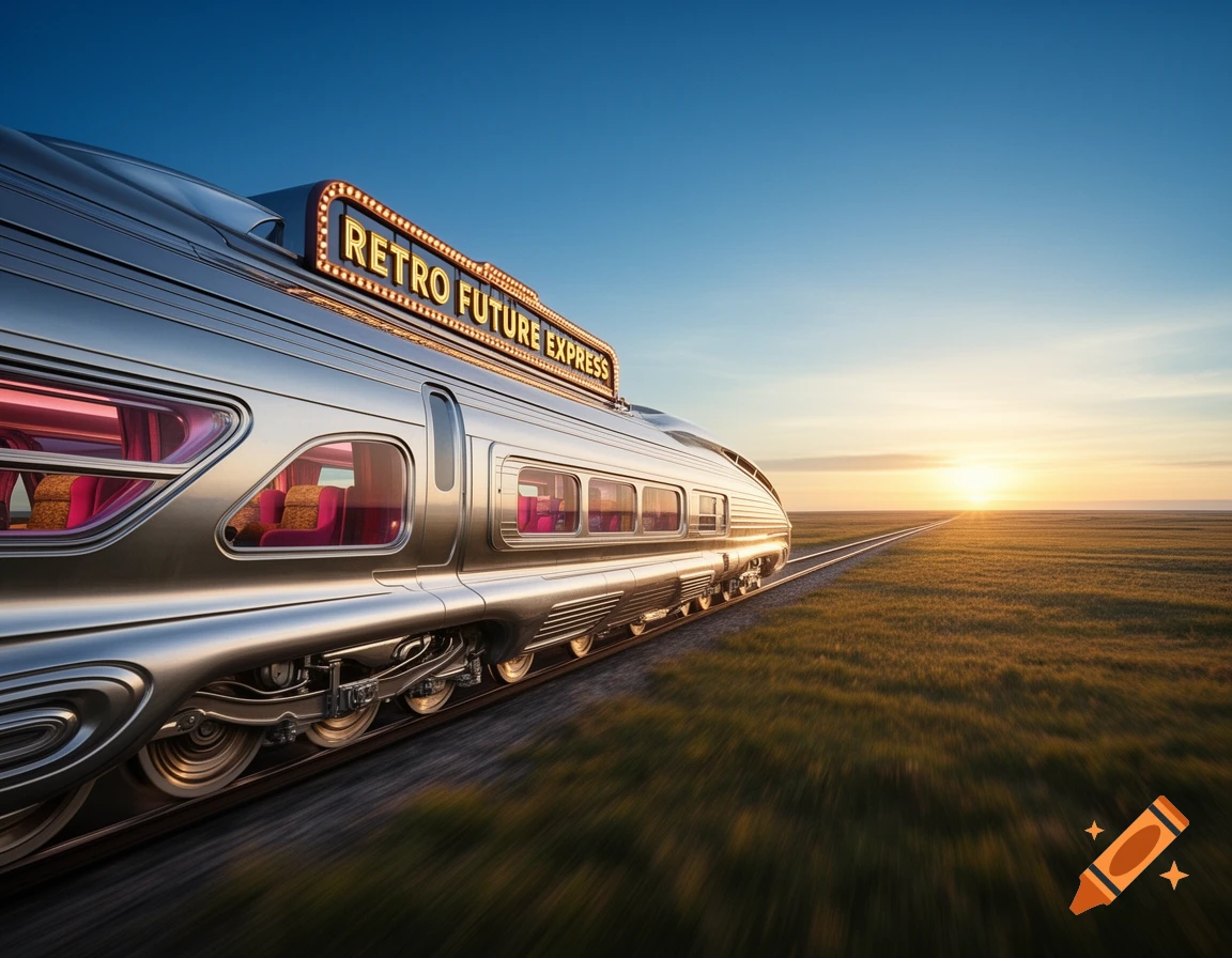A sleek, silver retro-futuristic train with 'Retro Future Express' signage speeds across a grassy plain at sunset.