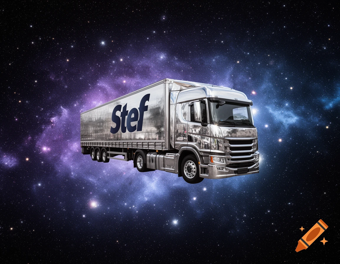 A chrome semi-truck with 'Stef' on its trailer floats in a vast purple and blue starry galaxy.