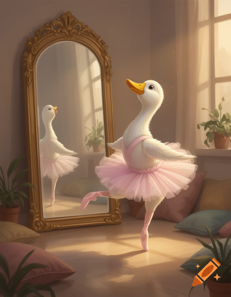 An illustration of a white duck in a pink ballet tutu and pointe shoes, striking a pose in front of a ornate mirror in a sunlit room.