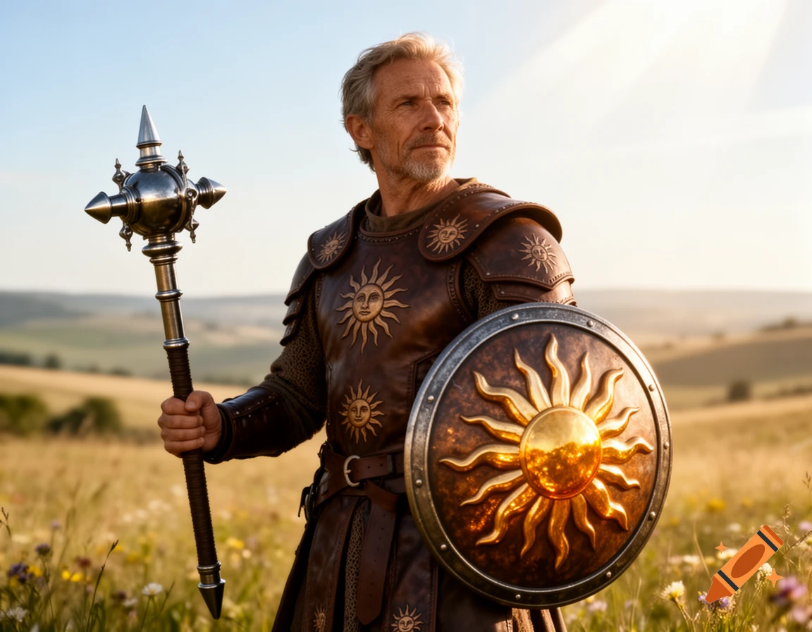 A male cleric in leather armor with sun emblems holds a mace and shield in a sunny field.