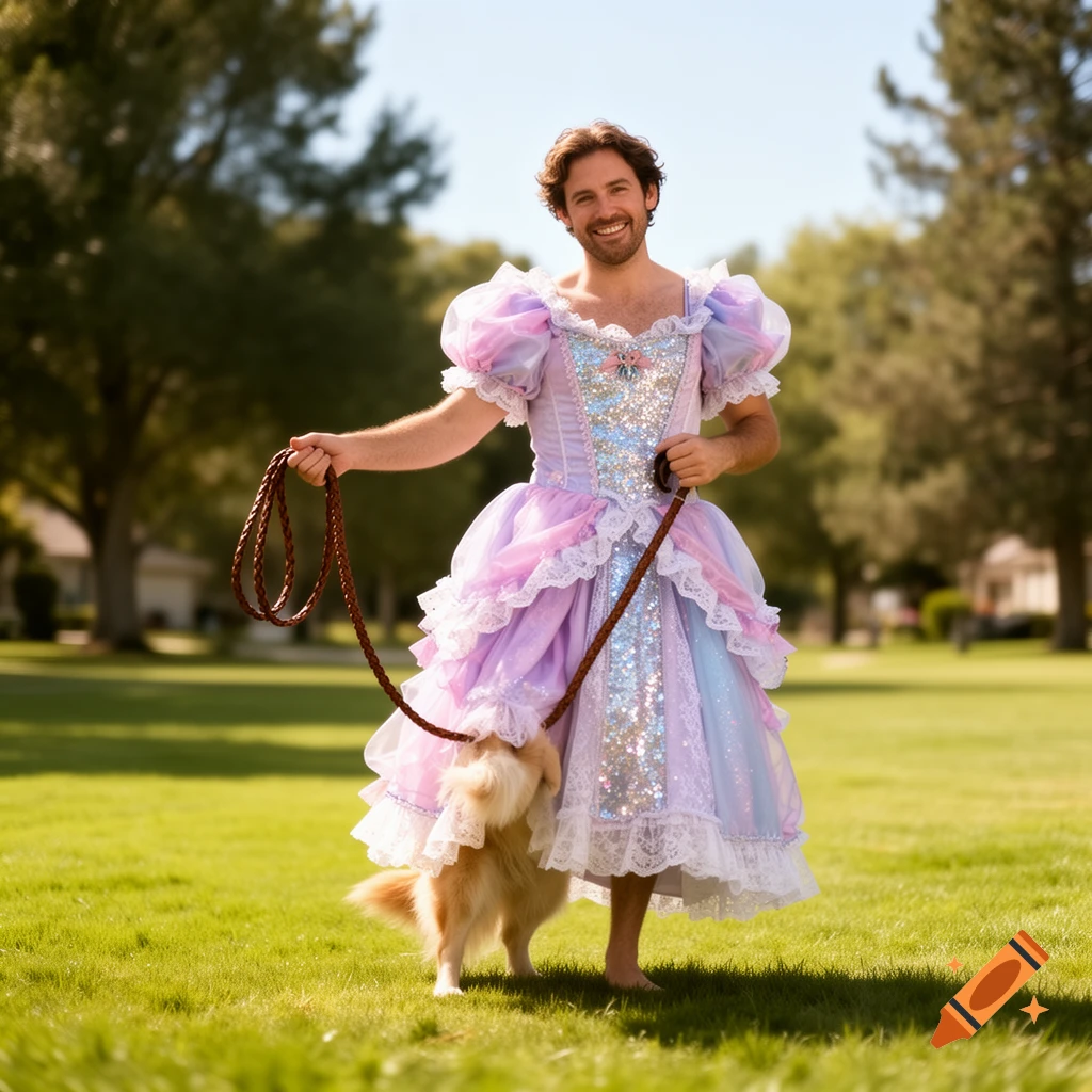 A smiling man in a sparkly, ruffled lavender and pink princess dress walks a small golden dog on a leash across a sunny green lawn.