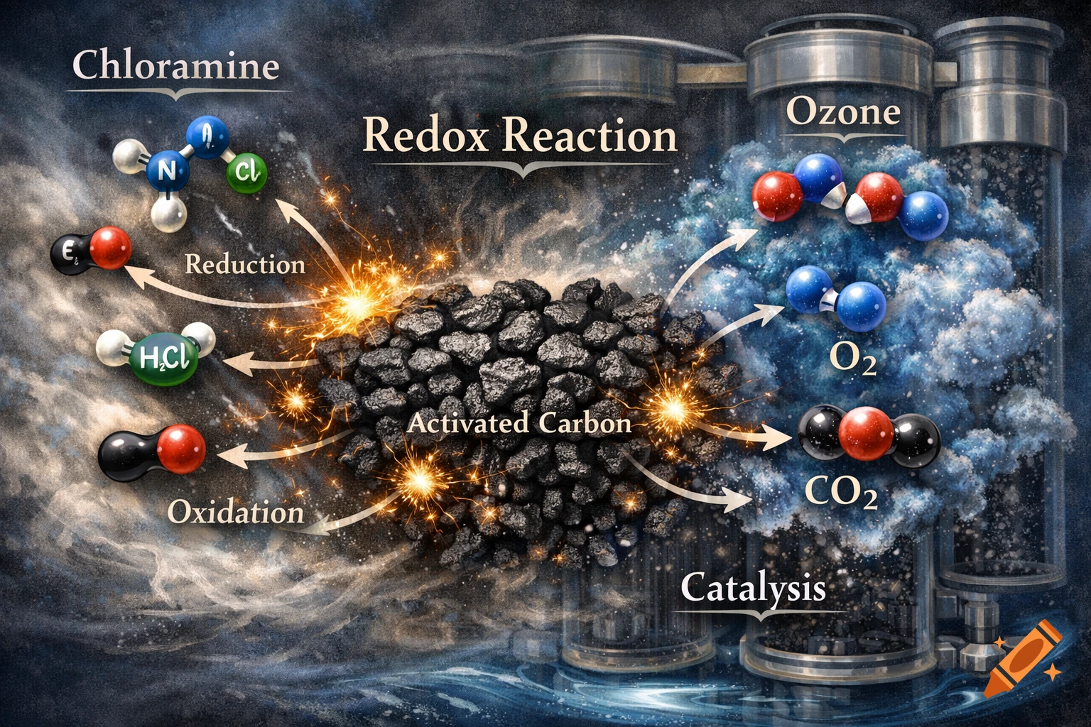 A detailed diagram illustrating a Redox Reaction with Activated Carbon, showing Chloramine reduction and Ozone catalysis to O2 and CO2.