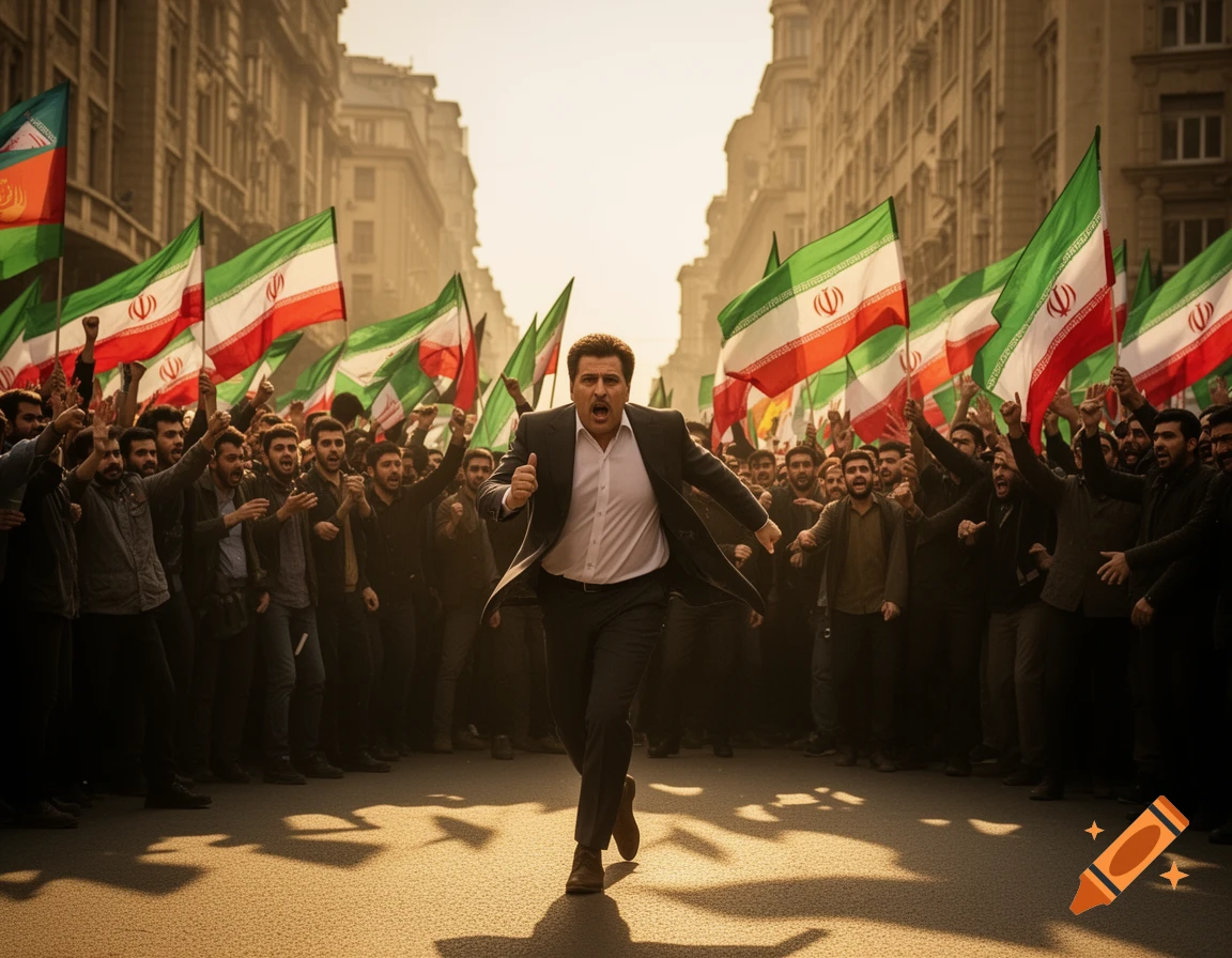 A man in a suit runs forward with a scared expression, as a large crowd of men holding Iranian flags chase him down a city street, appearing to be in a protest or revolution. Photorealistic style.