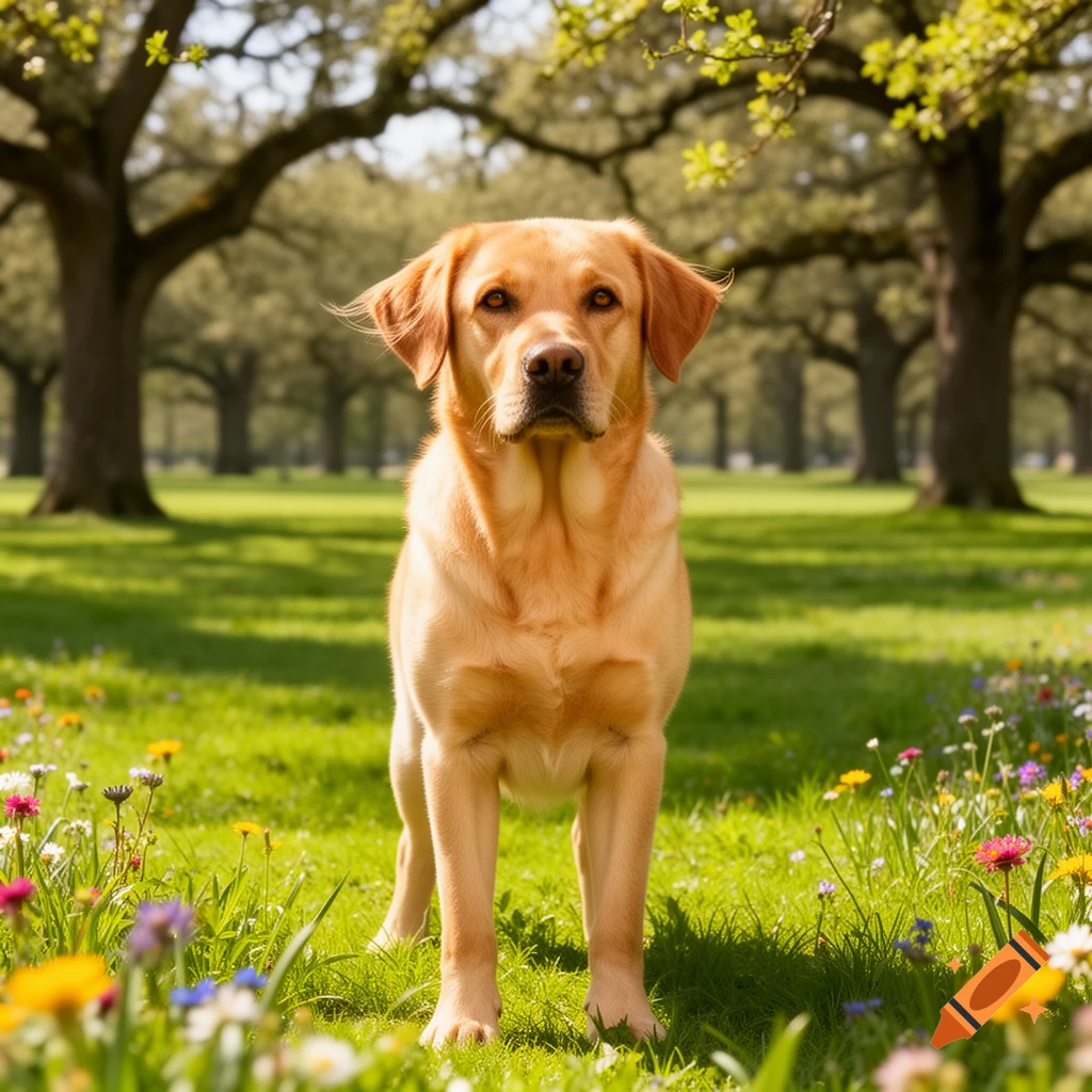 A golden Labrador Retriever stands in a sunny park filled with green grass and wildflowers, with trees in the background.