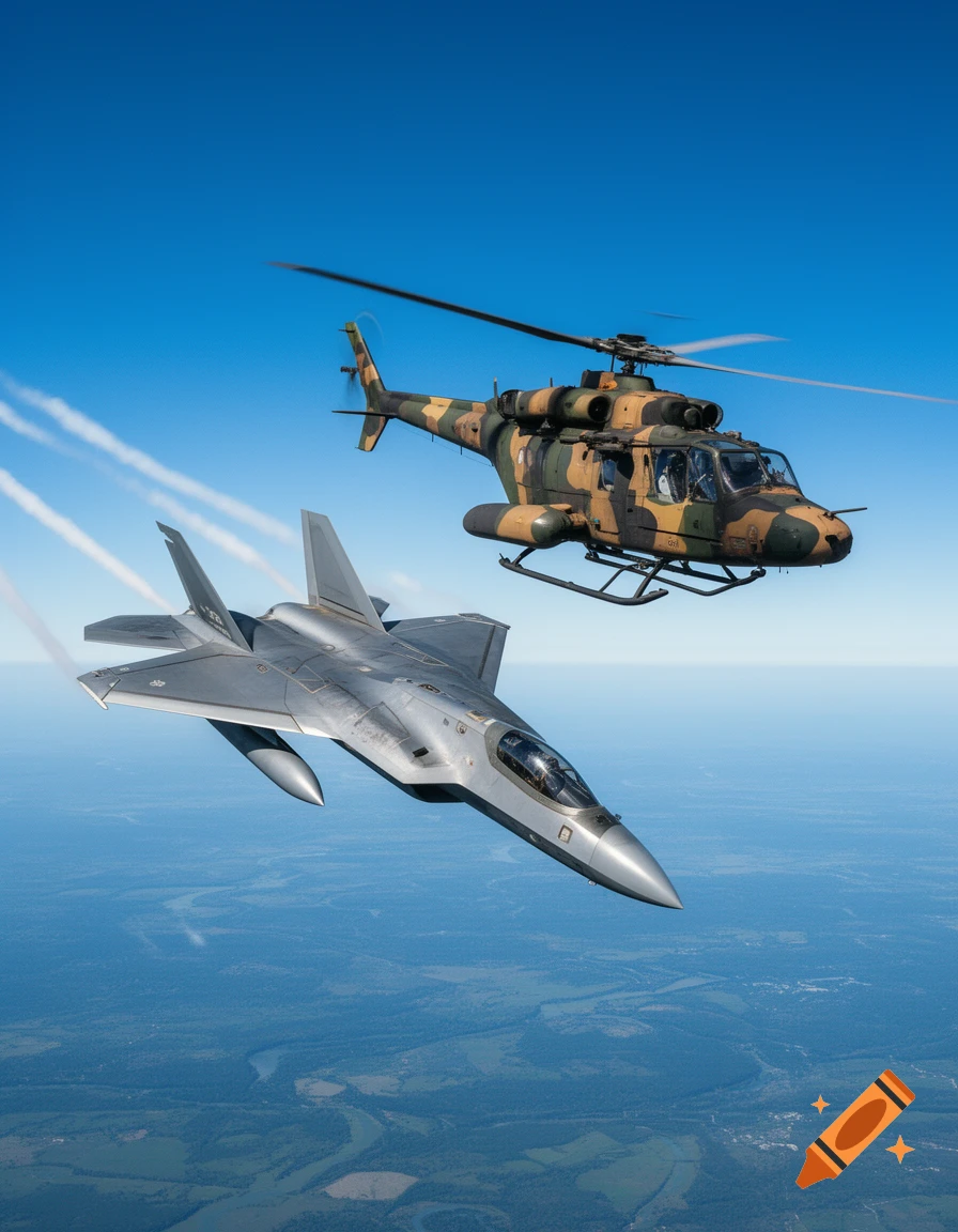 A silver fighter jet and a camouflage military helicopter fly across a clear blue sky above a green, forested landscape.