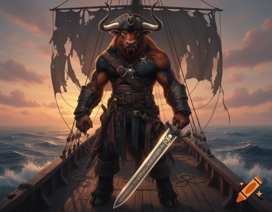 A minotaur pirate with a captain's hat and armor stands on a ship deck at sunset, holding a glowing great sword.