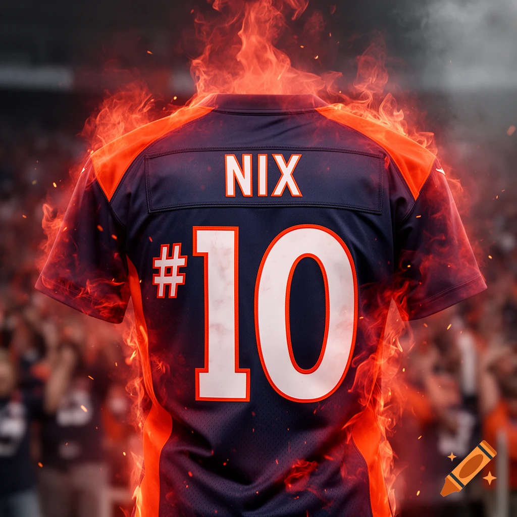 A navy blue and orange football jersey with 'NIX' and '#10' on the back, engulfed in red flames, in a stadium setting.