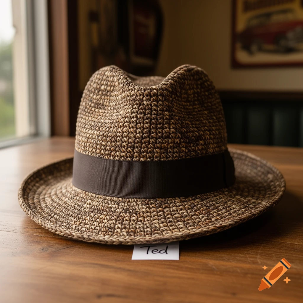 A woven fedora hat with a dark brown band on a wooden table, with a label reading 'Ted'.