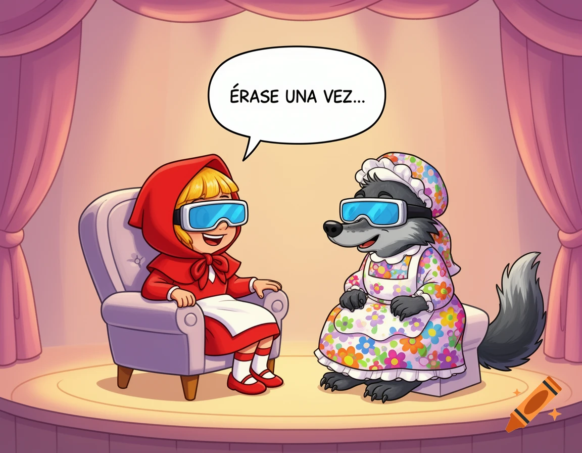 Cartoon Little Red Riding Hood in VR glasses tells a story to the Big Bad Wolf in VR glasses dressed as Grandma, on a stage.