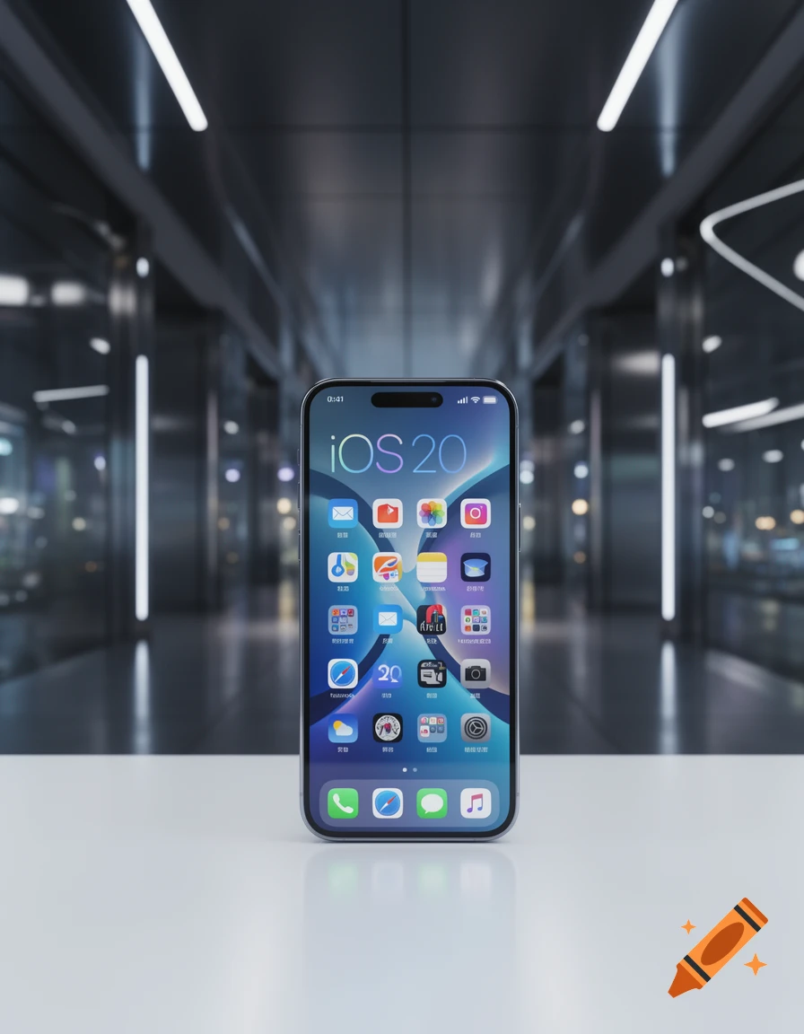 A close-up of a silver smartphone displaying "iOS 20" on its screen, featuring a grid of app icons. The phone stands on a reflective white surface in a dimly lit, futuristic interior.