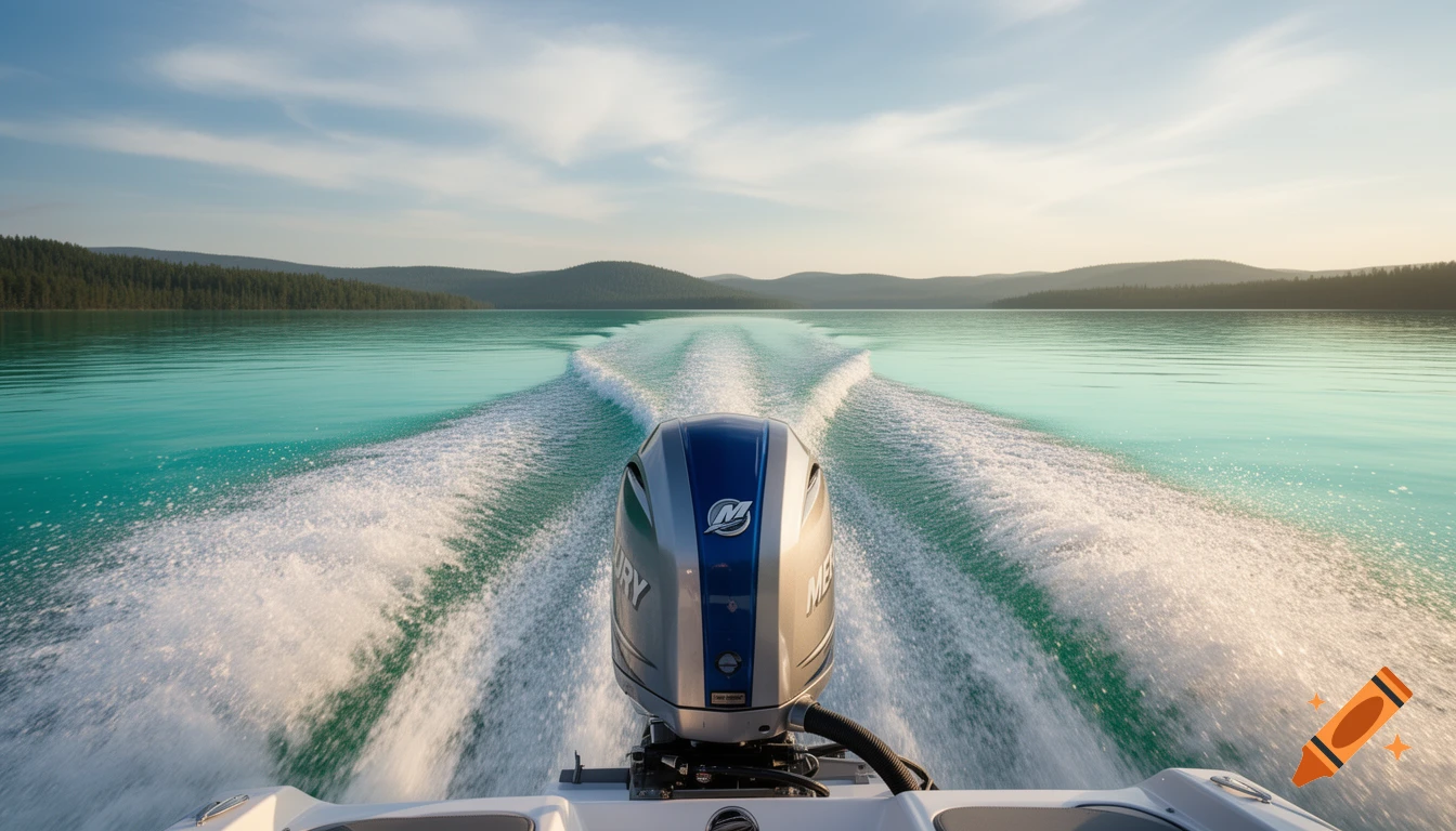 A photorealistic image from behind a boat with a silver and blue Mercury outboard motor, creating a white wake on a turquoise lake with forested hills and a hazy sky in the background.