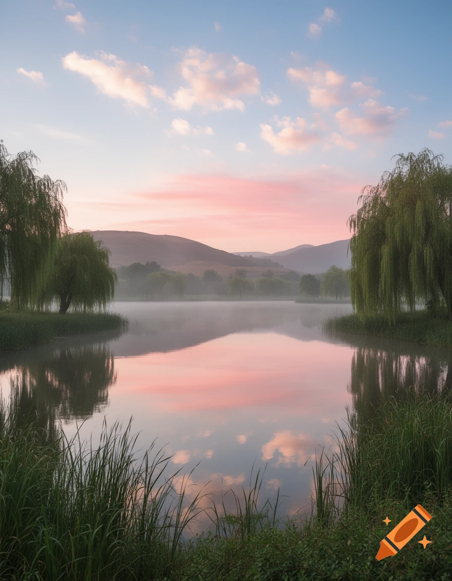 A serene lake at dawn or dusk with pink and blue clouds reflected on misty water, framed by willow trees and tall grass.