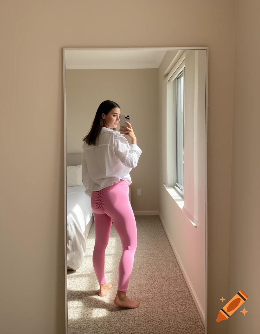 Woman in pink scrunch leggings and white shirt taking a mirror selfie in a neutral-toned room.